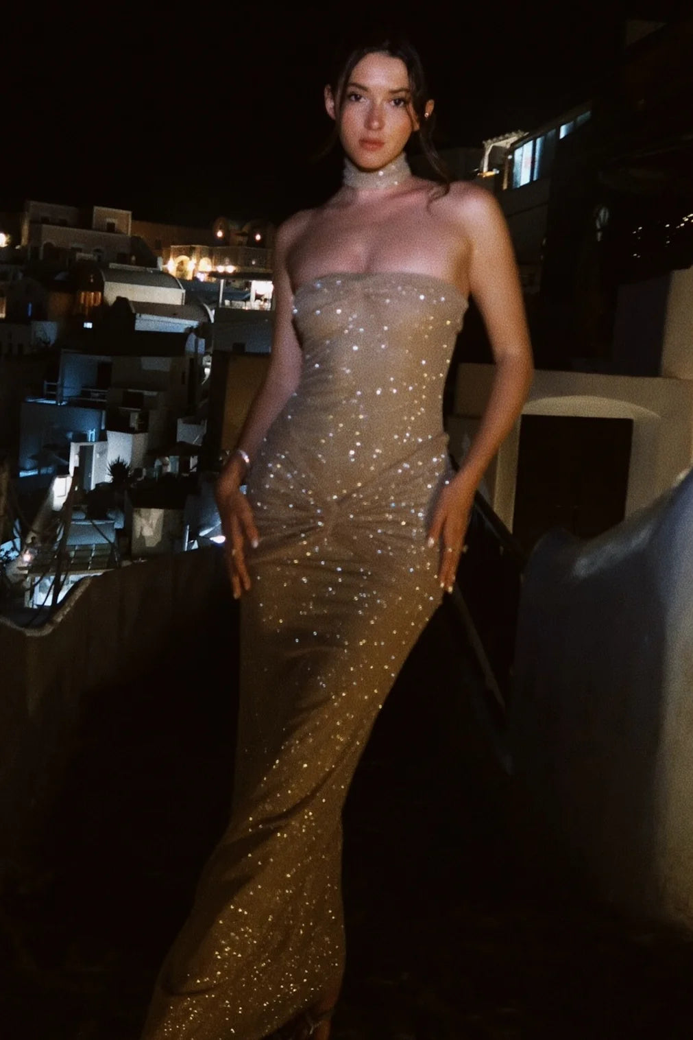 Bling Sheath Strapless Champagne Sequins Long Prom Dress SH8303