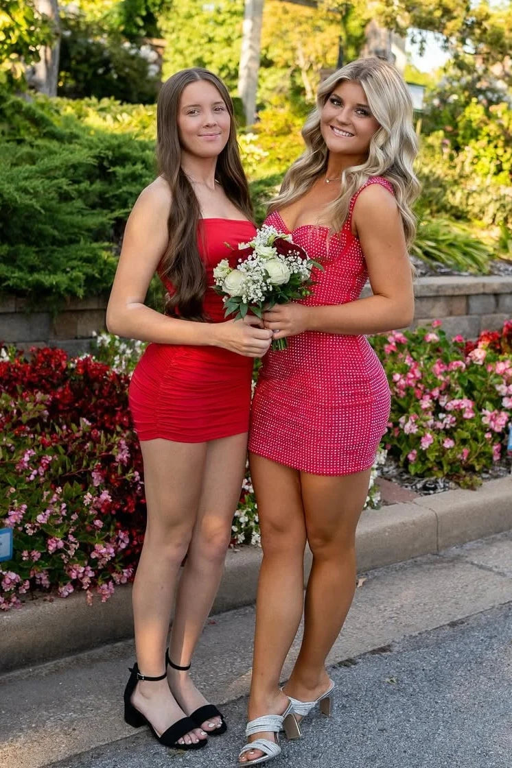 Bling Sheath Sweetheart Red Short Homecoming Dress with Beading SH7943