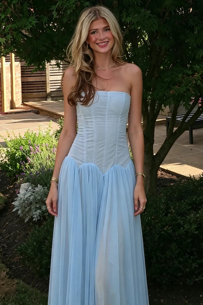 Baby Blue A Line Strapless Corset Tulle Long Prom Dress SH8202