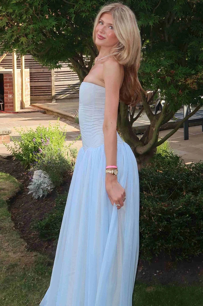 Baby Blue A Line Strapless Corset Tulle Long Prom Dress SH8202