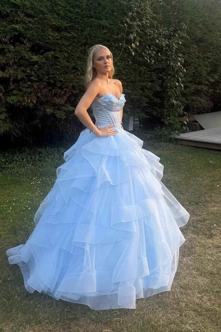 Blue Ball Gown Strapless Layered Ruffles Satin Long Prom Dress SH8262