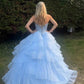 Blue Ball Gown Strapless Layered Ruffles Satin Long Prom Dress SH8262