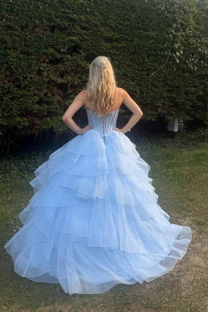 Blue Ball Gown Strapless Layered Ruffles Satin Long Prom Dress SH8262