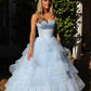 Blue Ball Gown Strapless Layered Ruffles Satin Long Prom Dress SH8262