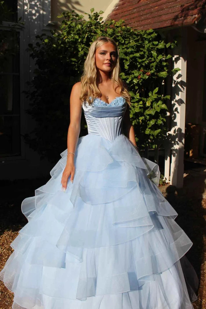 Blue Ball Gown Strapless Layered Ruffles Satin Long Prom Dress SH8262