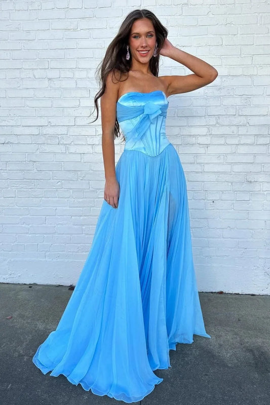 Pretty A Line Sweetheart Blue Corset Prom Dress with Bowknot SH8166