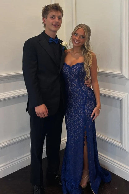 Elegant Royal Blue Sheath Sweetheart Neck Lace Long Prom Dress SH8221