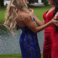 Elegant Royal Blue Sheath Sweetheart Neck Lace Long Prom Dress SH8221