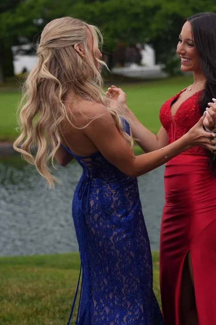 Elegant Royal Blue Sheath Sweetheart Neck Lace Long Prom Dress SH8221