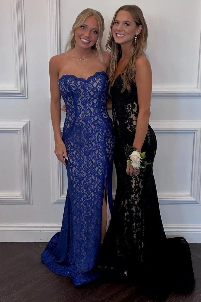 Elegant Royal Blue Sheath Sweetheart Neck Lace Long Prom Dress SH8221