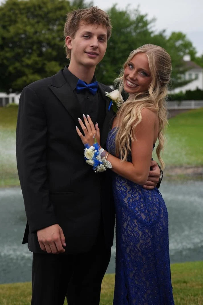 Elegant Royal Blue Sheath Sweetheart Neck Lace Long Prom Dress SH8221
