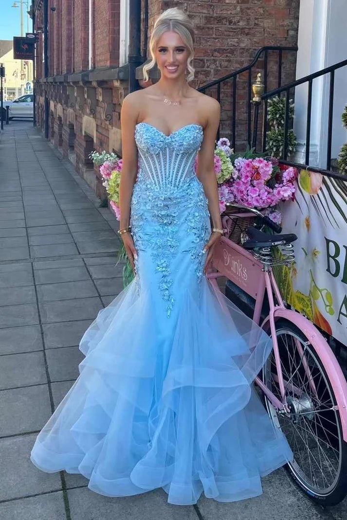 Trumpet Blue Strapless Sweetheart Ruffles Appliques Long Prom Dress SH8266