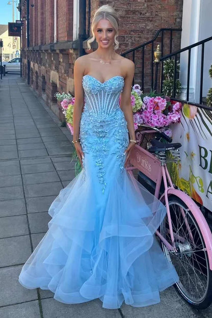 Trumpet Blue Strapless Sweetheart Ruffles Appliques Long Prom Dress SH8266