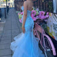 Trumpet Blue Strapless Sweetheart Ruffles Appliques Long Prom Dress SH8266