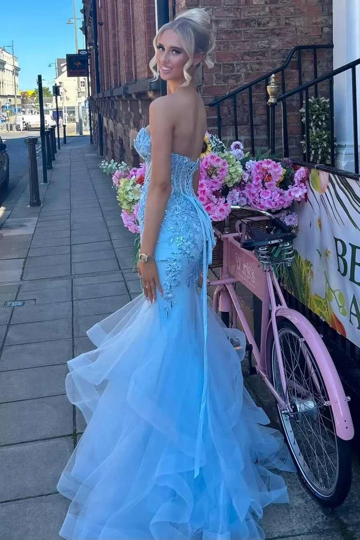 Trumpet Blue Strapless Sweetheart Ruffles Appliques Long Prom Dress SH8266