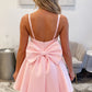 Blush Pink Satin A-Line Scoop Pleated Homecoming Dress with Big Bow SH8233