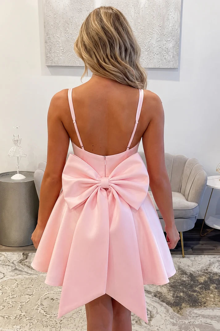 Blush Pink Satin A-Line Scoop Pleated Homecoming Dress with Big Bow SH8233