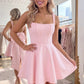 Blush Pink Satin A-Line Scoop Pleated Homecoming Dress with Big Bow SH8233