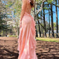 Light Pink Mermaid Straps Ruffle Chiffon Satin Prom Dress Evening Dress with Slit SH2029
