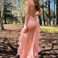 Light Pink Mermaid Straps Ruffle Chiffon Satin Prom Dress Evening Dress with Slit SH2029