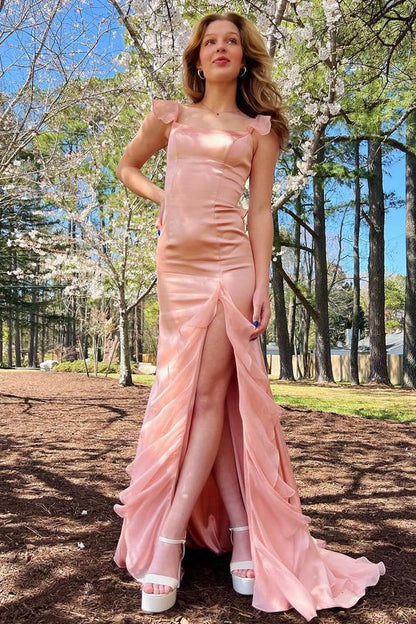 Light Pink Mermaid Straps Ruffle Chiffon Satin Prom Dress Evening Dress with Slit SH2029