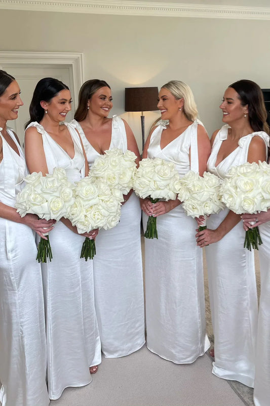 Pretty Bow Tie White Sheath Satin Long Bridesmaid Dress SH6566
