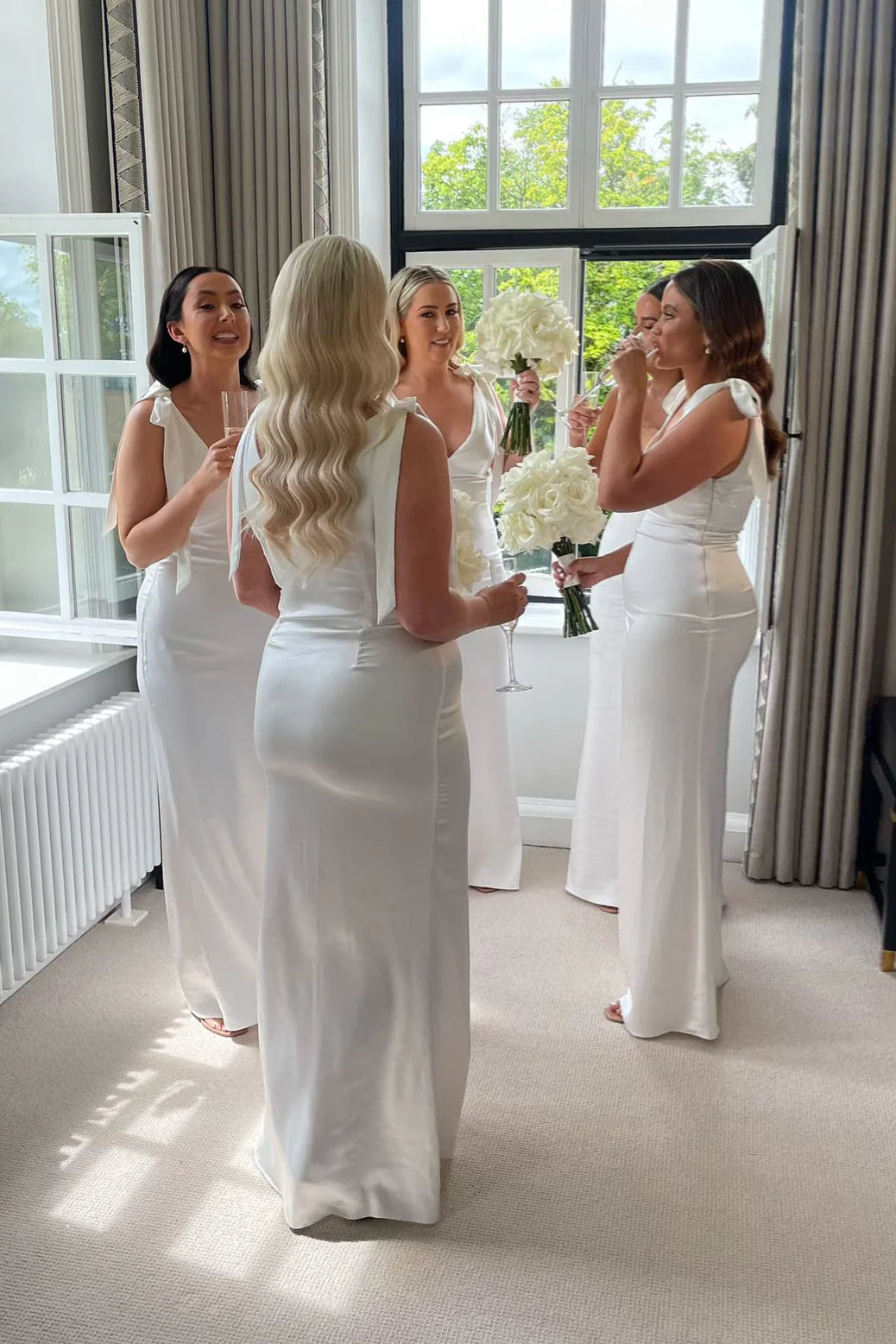 Pretty Bow Tie White Sheath Satin Long Bridesmaid Dress SH6566