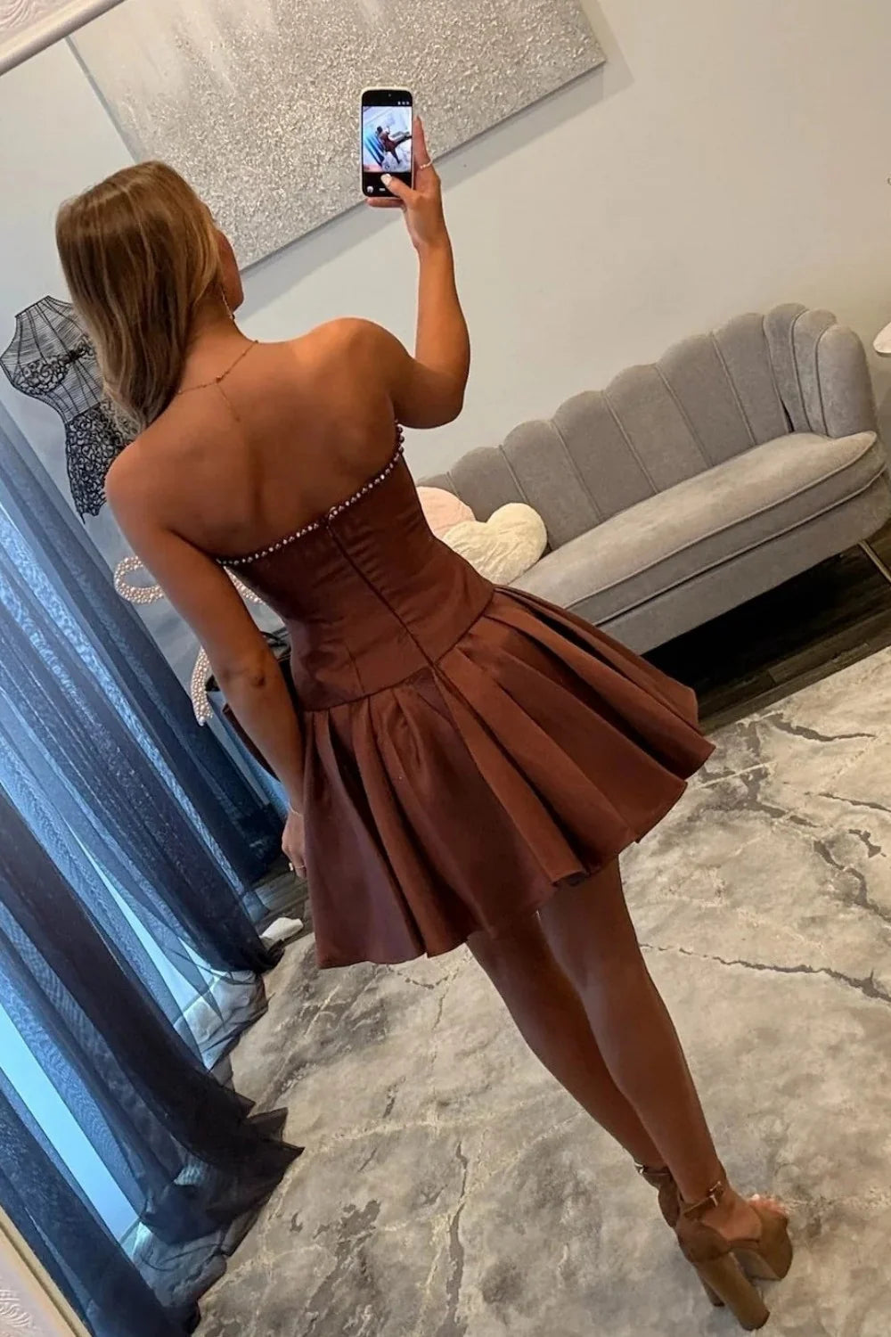 Cute A Line Strapless Brown Short Homecoming Dress with Pearls Bowknot SH7907