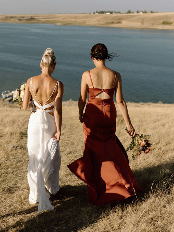 Burnt Orange Open Back Spaghetti Strap Mermaid Charming Bridesmaid Dresses SH5577