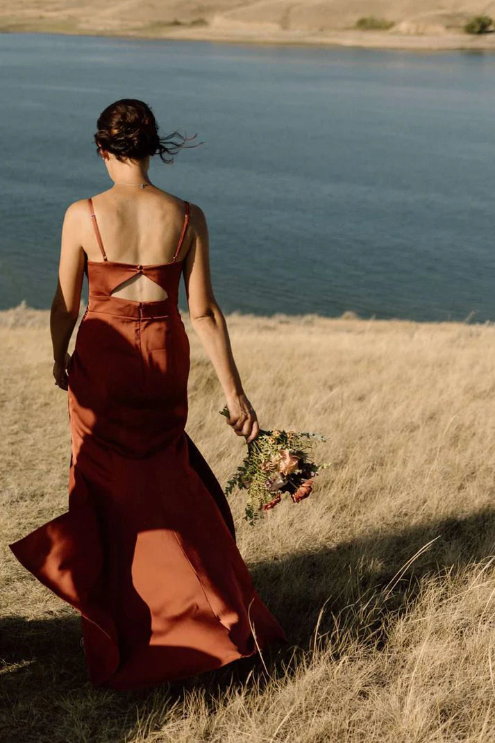 Burnt Orange Open Back Spaghetti Strap Mermaid Charming Bridesmaid Dresses SH5577