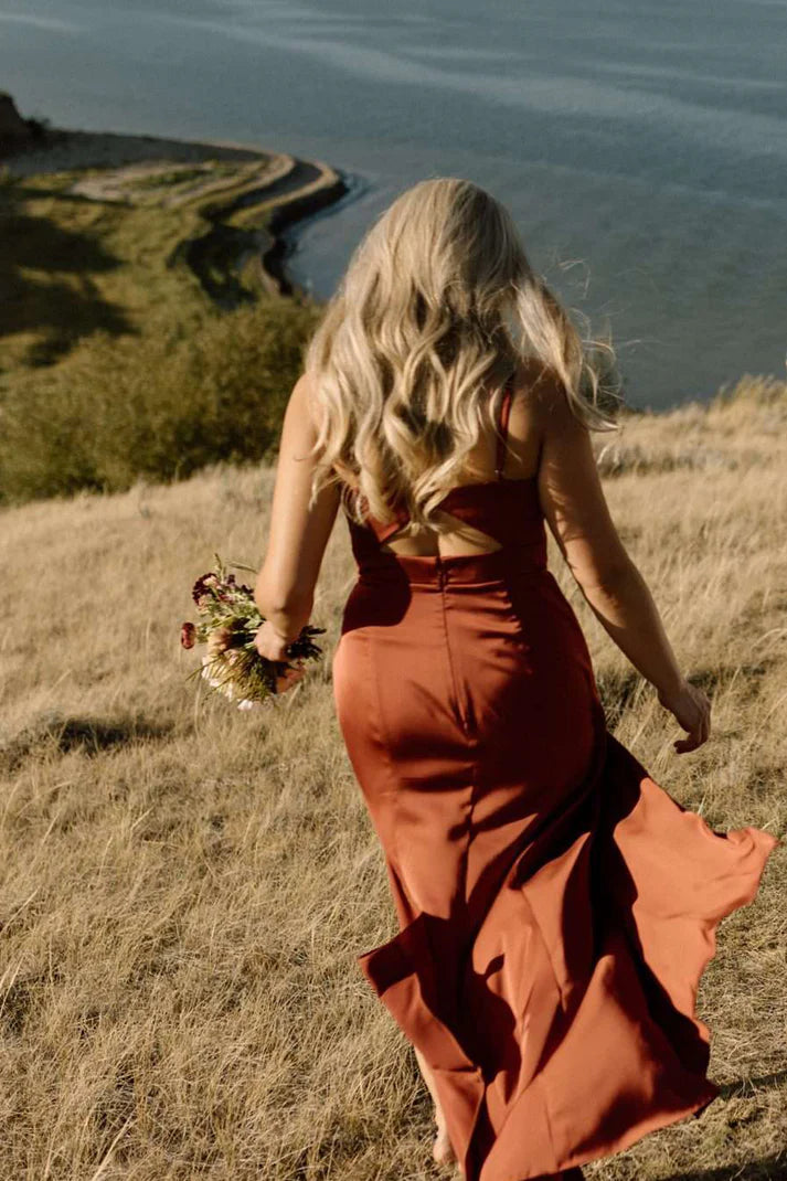 Burnt Orange Open Back Spaghetti Strap Mermaid Charming Bridesmaid Dresses SH5577