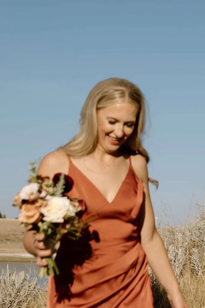 Burnt Orange Open Back Spaghetti Strap Mermaid Charming Bridesmaid Dresses SH5577
