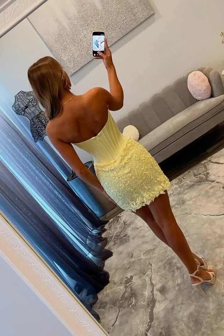 Butter Yellow Strapless Corset Lace Satin Homecoming Mini Dress SH8232