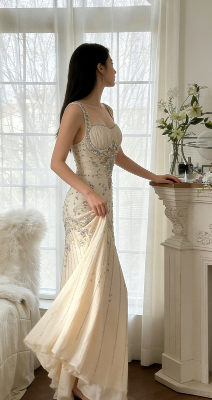 Ivory A Line Straps Beaded Chiffon Long Prom Dress Graduation Prom Dress SH2562