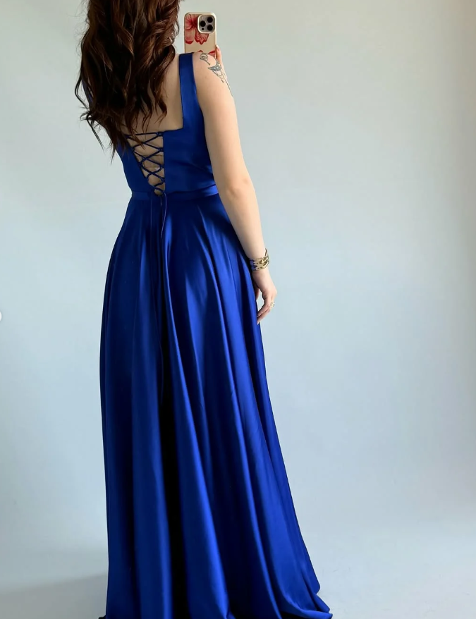 Simple Royal Blue A Line Spaghetti Straps Satin Prom Dress Date Dress SH5549