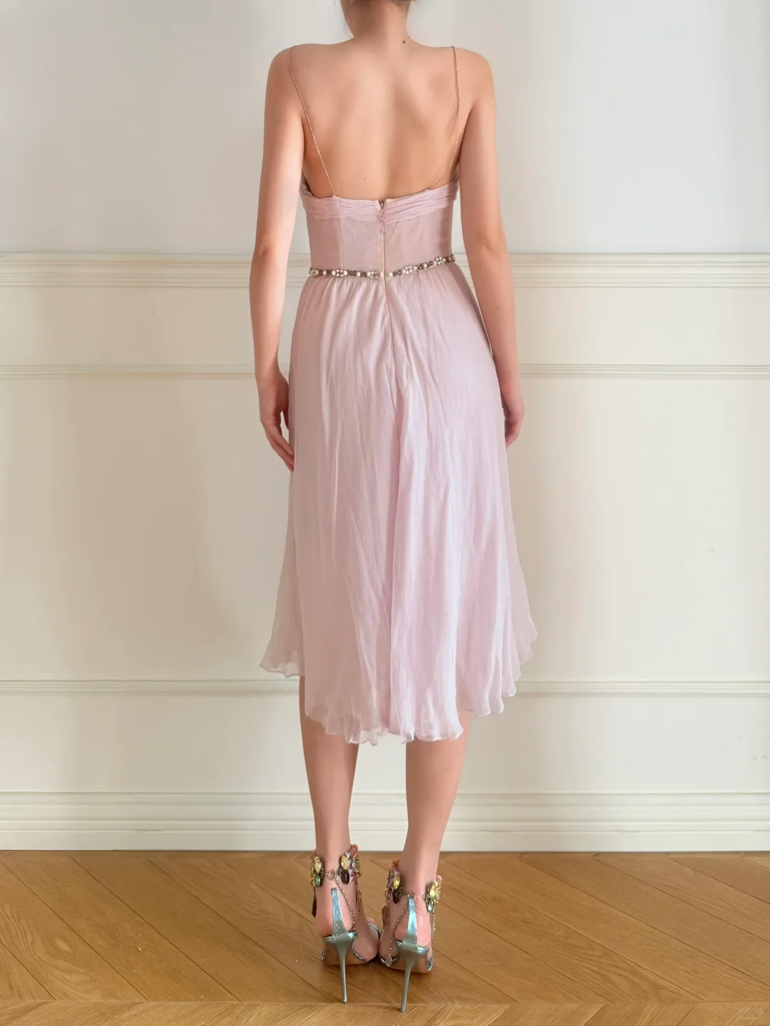 Gentle Pink A Line Spaghetti Straps Beaded Chiffon Tea Length Prom Dress Outfits SH5445