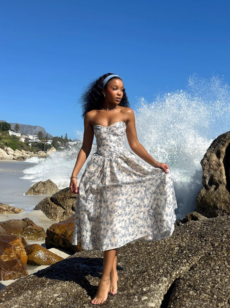 Cute A Line Strapless Blue Print Flower Satin Party Dress Wedding Guest Dress SH3123