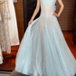 Romantic Blue A Line Strapless Sequin Tulle Long Prom Dress Gown Dress SH3582