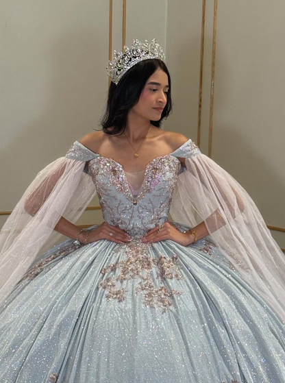 Shiny Baby Blue Ball Gown Off the Shoulder Sequin Tulle Sweet 16 Dress Party Gowns Quinceanera Dresses SH3560