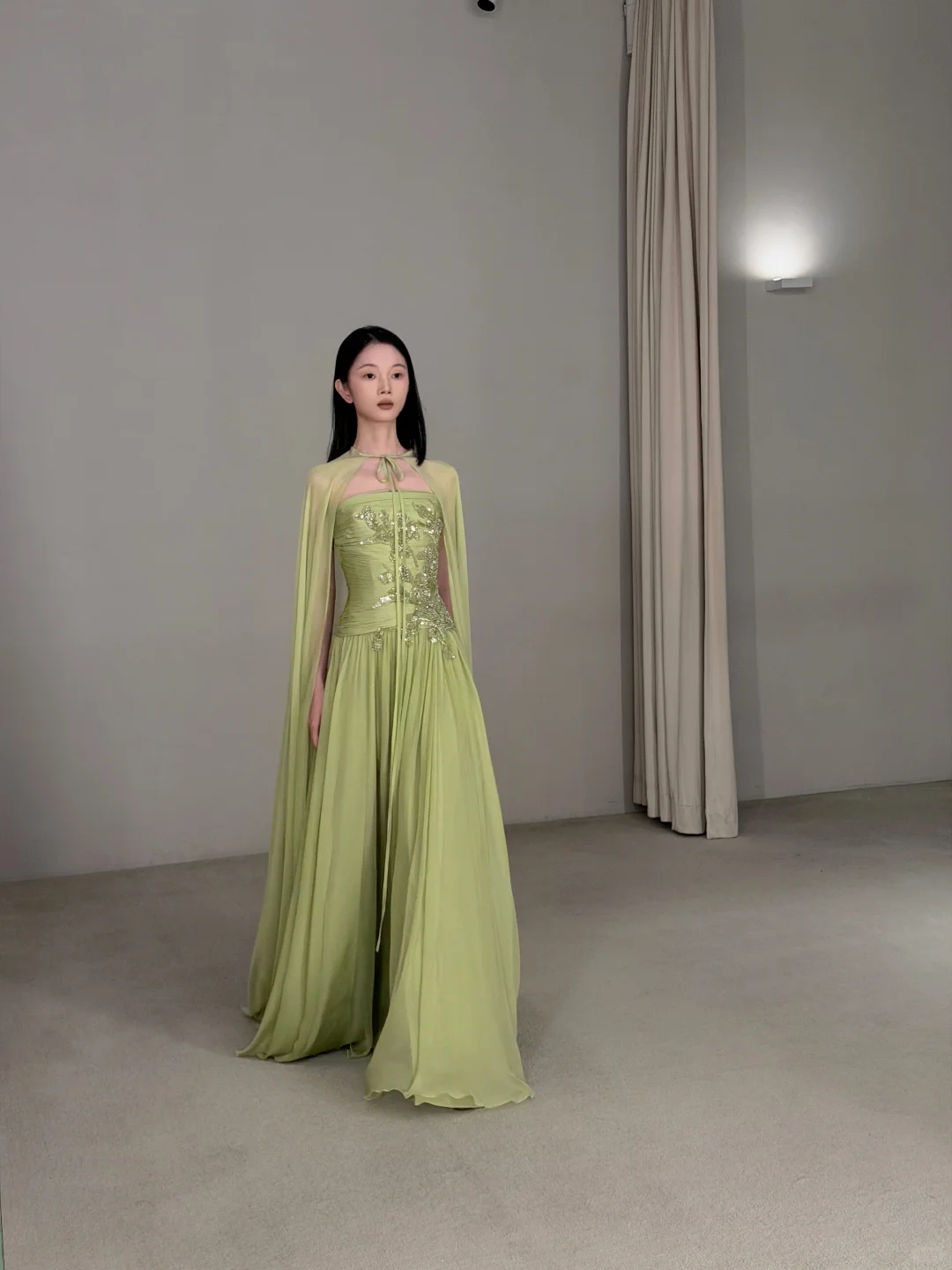 Fresh Green A Line Strapless Beaded Chiffon Long Prom Dress Wedding Guest Dress SH7713