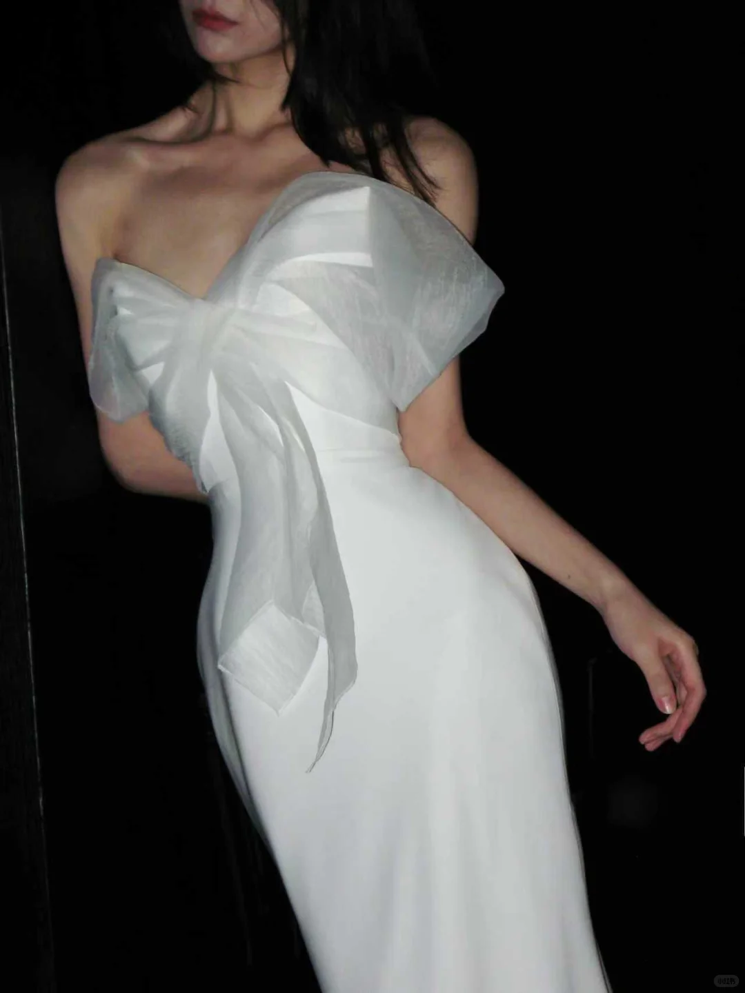 Simple Mermaid Bow White Tulle Satin Long Wedding Dress SH5231