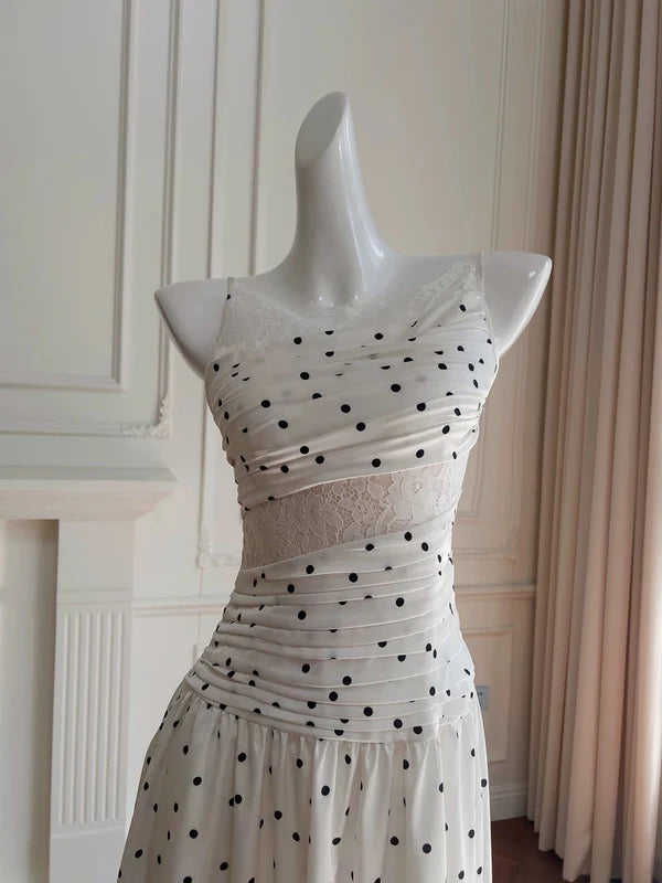 A Line Spaghetti Straps Polka Dots Lace Chiffon Prom Dress Formal Dress SH1774