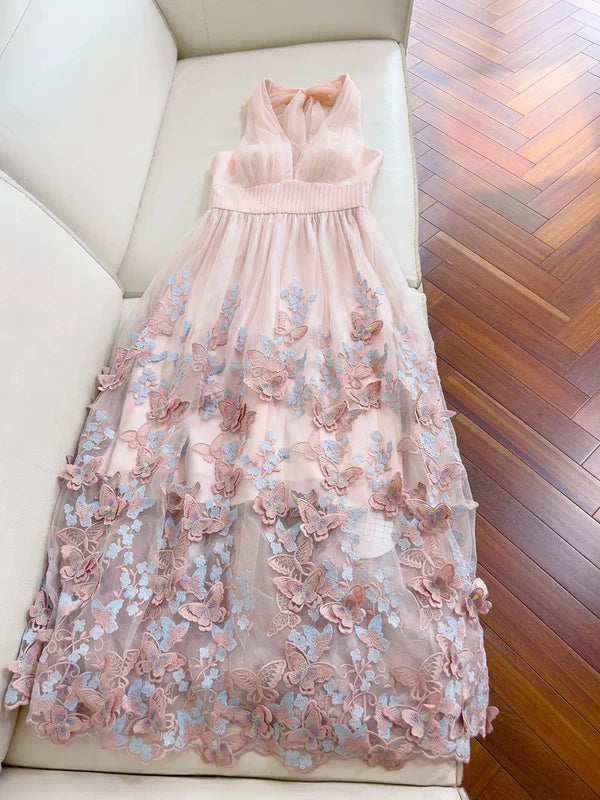 Light Pink A Line Halter Butterfly Appliques Tulle Prom Dress Evening Dress SH1789