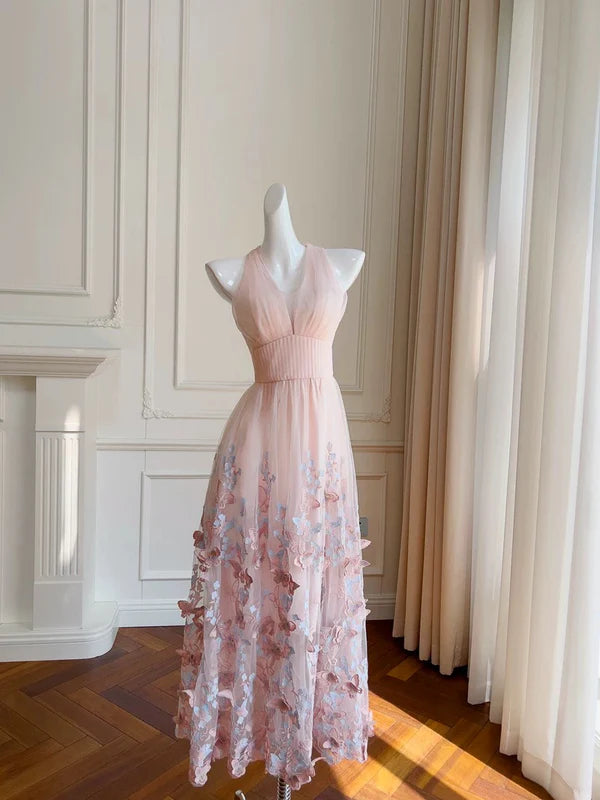 Light Pink A Line Halter Butterfly Appliques Tulle Prom Dress Evening Dress SH1789