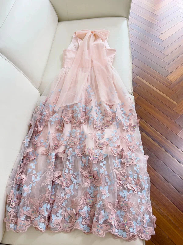 Light Pink A Line Halter Butterfly Appliques Tulle Prom Dress Evening Dress SH1789