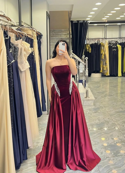 Pretty Burgundy A Line Strapless Beaded Velvet Satin Long Prom Dress Wedding Guest Dress SH5407
