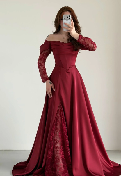 Elegant Burgundy A Line Long Sleeve Lace Satin Prom Dress Wedding Guest Dress SH6012