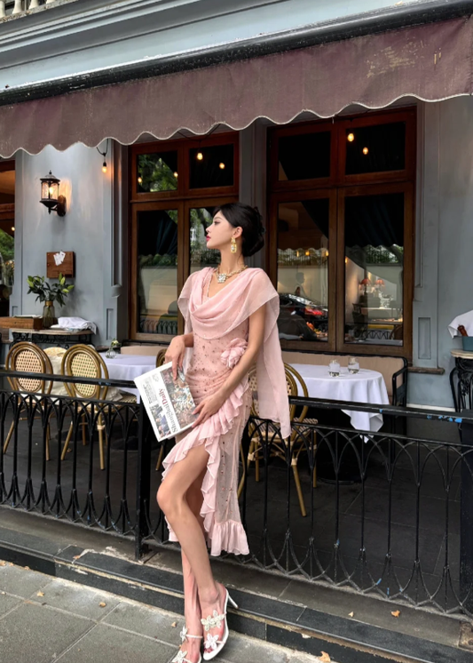 Flowy Pink Sheath Beaded Ruffle Chiffon Homecoming Dress Date Dress with Slit SH3693