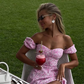 Romantic A Line Off the Shoulder Pink Print Floral Satin Vacation Dress Outfits with Slit SH4360