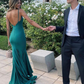 Green Mermaid Satin Long Prom Dress Backless Party Dress SH1113